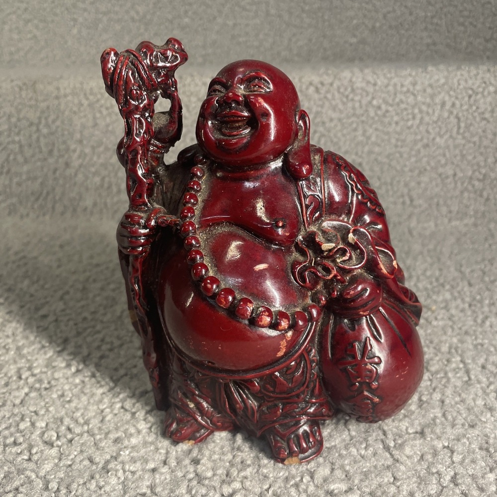 Red Chinese Laughing Buddha Figurine Statue w/ Beaded Necklace 6"